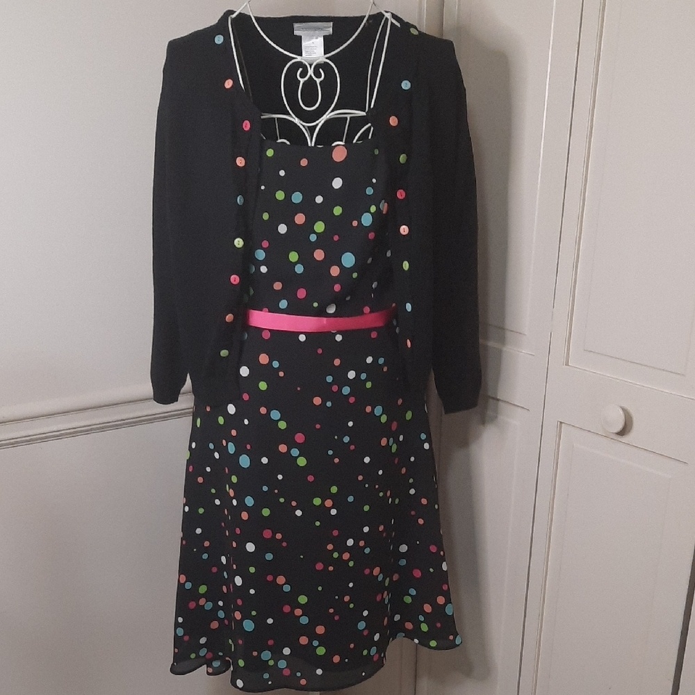 Colorful Polka Dot Dress with Black Cardigan